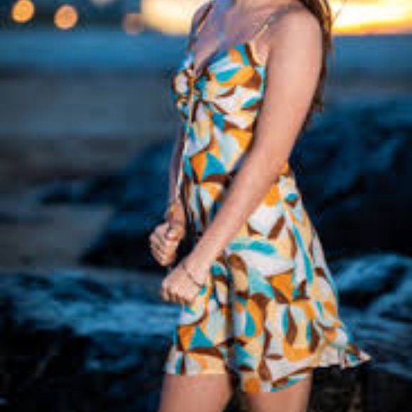 NWT Abercrombie Cinch Front Slip Mini Dress Multicolor retro abstract print bow - Picture 3 of 3